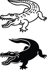 Crocodile Icons. Black And White Vector Illustrations. Caiman, Alligator. Reptile With Open Toothy Mouth. For Coloring Book Design. Animal Concept
