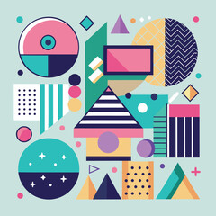 Obraz premium Memphis design elements mega set. Vector abstract geometric line graphic shapes, modern hipster circle triangle template colorful illustration