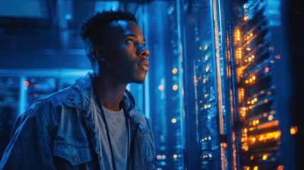 A young man stands in a data center, gazing at brightly lit server racks. The blue tones create a futuristic atmosphere as he contemplates the technology around him.