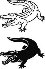 Crocodile Icons. Black And White Vector Illustrations. Caiman, Alligator. Reptile With Open Toothy Mouth. For Coloring Book Design. Animal Concept
