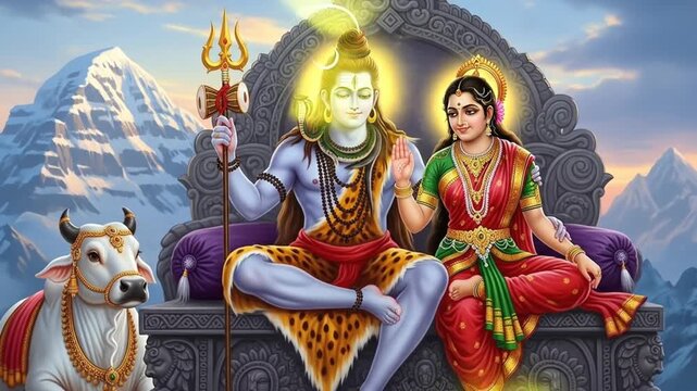 Majestic Shiva & Parvati: Divine Couple Enthroned, Himalayan Majesty