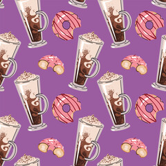 Coffee and Donut Seamless Pattern with Flat Design. Ideal for Beverage Branding, Food Packaging, Social Media Graphics, Website Backgrounds and Digital Art Projects