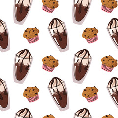 Seamless Coffee Pattern with Creamy Drink and Muffin. Delicious Texture for Cafe Branding, Food Packaging, Menu Design, Wall Decor, Bakery Packaging, Web Background, Scrapbooking, Coffee Shop.