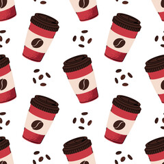 Seamless Coffee Pattern with Cup and Beans. Brown Texture for Background, Wallpaper, Packaging, Fabric, Web Design. Perfect for branding coffee shops, cafes and stores