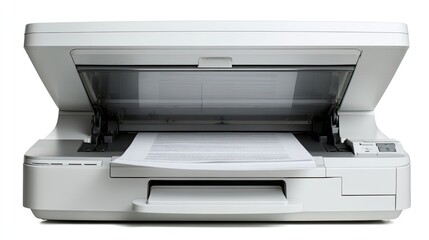 A white flatbed scanner with its lid open, displaying a document ready for scanning.