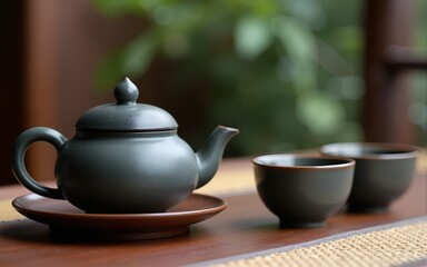 Chinese tea ceremony teapot and cups. Selective focus. High quality
