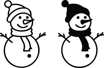 Snowman Icons. Black and White Vector Icons. Funny Snowman in a Hat and Scarf. Christmas and Holiday Concept
