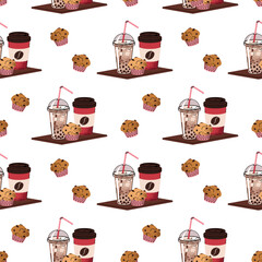 Seamless Coffee Pattern with Bubble Tea and Muffin on Tray. Sweet Drink Texture for Cafe Branding, Bubble Tea Shop Decor, Food Packaging, Menu Design, Bakery Wallpaper, Web Background, Merch Design