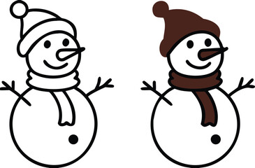 Snowman Icons. Black and White Vector Icons. Funny Snowman in a Hat and Scarf. Christmas and Holiday Concept
