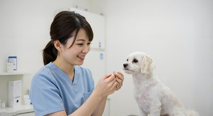 動物看護師が白い小型犬に錠剤を与える様子｜ペットの薬の投与・健康管理・動物病院の日常風景 -生成AI