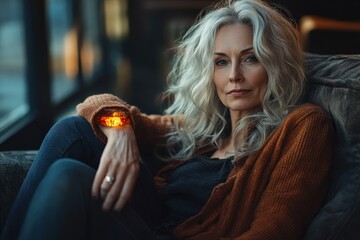 Mature woman enjoying whiskey while sitting comfortably near a window during the evening hours creates a relaxed and inviting atmosphere