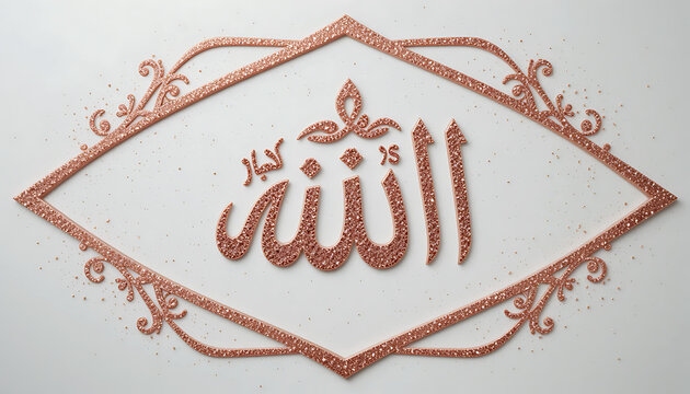 Allah calligraphy art with glitter in a decorative frame on a white background surface view