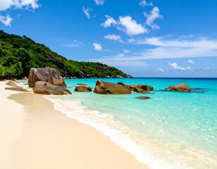 Naklejka premium Tranquil Summer Beach Landscape – Golden Sand, Blue Sky, and Coastal Rocks