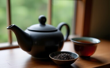 Black teapot, bowl and tea. High quality