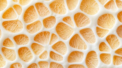 Close-up of a dried orange peel texture showing intricate, porous, and fibrous patterns in light orange and white tones.