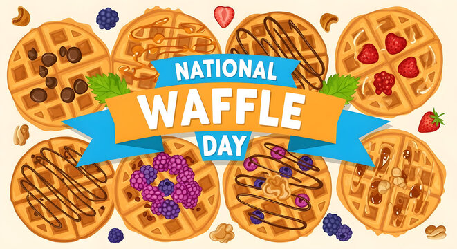 A celebratory banner for National Waffle Day surrounded by eight assorted waffles with fruit and chocolate toppings.