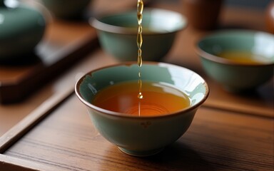 Brewing Chinese tea in ceramic gaiwan during the tea ceremony close-up. Gaiwan and other tea tools for the ceremony. High quality