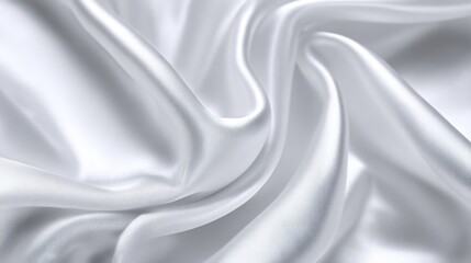 Luxurious white satin fabric is arranged in soft, flowing folds, showcasing its silky texture and shine under the light, creating an elegant and refined appearance.
