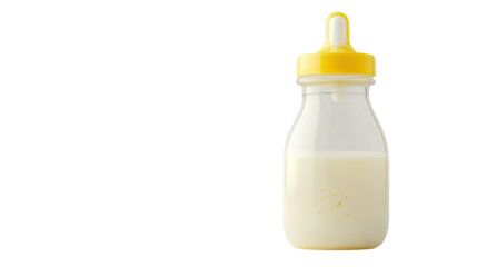 Transparent baby bottle filled with white infant formula and secure nipple cap designed for newborn feeding isolated on white background