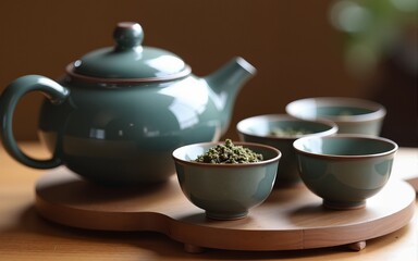 Chinese tea ceremony. Ceramic tea pot and cups with the famous chinese oolong tea Da hong pao on a wooden background. High quality