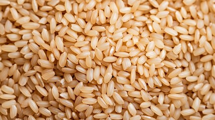 Close-up image of uncooked brown rice grains, showcasing their texture and natural light brown color.