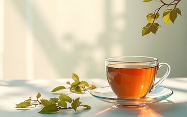 Tea cups filled with brewed tea sit alongside delicate sketches of tea leaves, creating a peaceful atmosphere. Generative AI. High quality