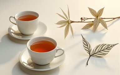 Tea cups filled with brewed tea sit alongside delicate sketches of tea leaves, creating a peaceful atmosphere. Generative AI. High quality