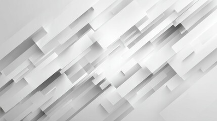 An abstract composition showcases overlapping geometric shapes in varying sizes and shades of white and gray, creating a modern and sophisticated look.