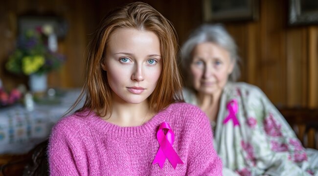 Two women in a warm wooden room wear pink ribbons as a symbol of awareness. younger woman looks confidently at the camera, while the elder one conveys a supportive presence behind her