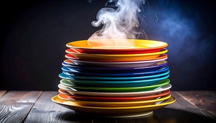Colorful plates stacked, steaming hot soup