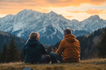 Fototapeta premium young couple in the mountains, Generative AI