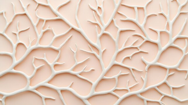 A detailed close-up of a white, branching coral structure on a soft peach background, highlighting intricate natural patterns.