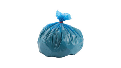Full Blue Plastic Garbage Bag Tied with Rubber Band on Transparent Background