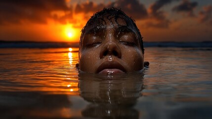 person is peacefully floating in tranquil water during sunset, surrounded by beautiful reflections of orange and purple in the sky. serene atmosphere captures a moment of relaxation