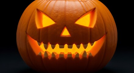 Fototapeta premium Carved Pumpkin with Glowing Face Against Black Background