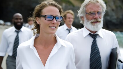 Group of professionals dressed in formal attire walking along the beach. diverse team enjoys a sunny day together, engaging in conversation while surrounded by natural beauty and ocean waves