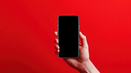 A hand grips a smartphone with a blank screen, positioned prominently against a vibrant red background, representing the importance of mobile devices in daily life and communication.