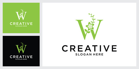 W initial letter logo design vector with leaf.