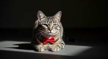 Cat Wearing Red Bow Tie Laying Down in Dramatic Lighting