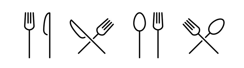 Silverware monochrome line icon set. Fork, Spoon and Knife icons.