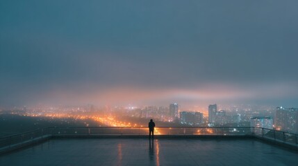 Fototapeta premium Night cityscape view from rooftop person silhouetted against city lights