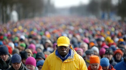 vast crowd gathers in a city, wearing colorful hats and jackets. atmosphere feels energetic and communal as people come together for an event under overcast skies
