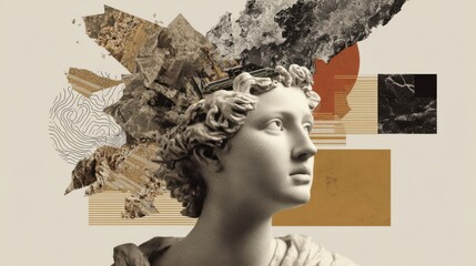 A classical bust of a young woman is highlighted against a backdrop of abstract shapes and textures, merging traditional artistry with contemporary design concepts seamlessly.
