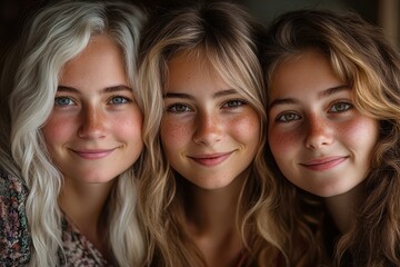 Three generations of women share a joyful moment in a familial portrait showcasing their close bond and unique beauty in a cozy indoor setting