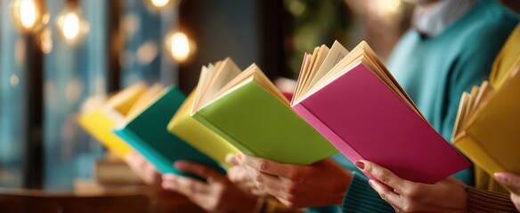 The vibrant collection of colorful books held by enthusiastic readers.