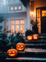 Halloween pumpkins on steps cozy home night scene outdoor decoration spooky atmosphere autumn vibes