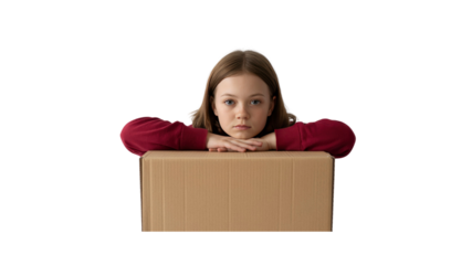 Pensive Young Girl Resting Chin on Cardboard Box
