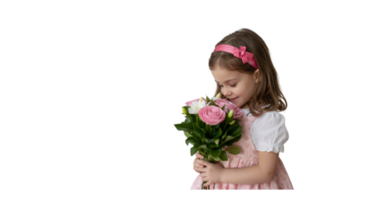 Adorable Little Girl Sniffing a Bouquet of Pink and White Flowers