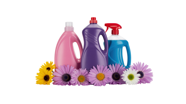 Colorful Cleaning Products with Flowers - Spring Cleaning Concept