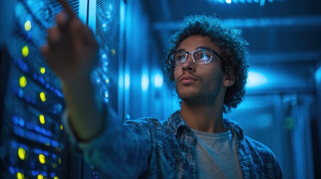 A young technician with curly hair and glasses is inspecting server equipment in a data center. Blue lighting enhances the high-tech environment as he adjusts configurations.
